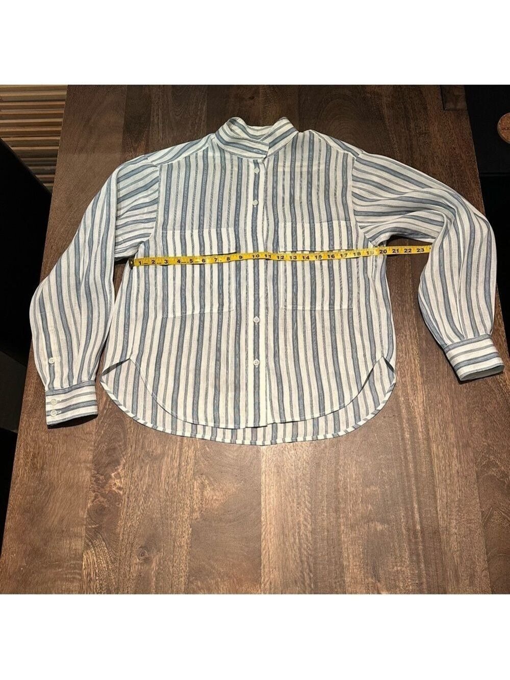 FRAME Stand-Collar Striped Linen-blend Shirt In Blue Size Small - Picture 7 of 11